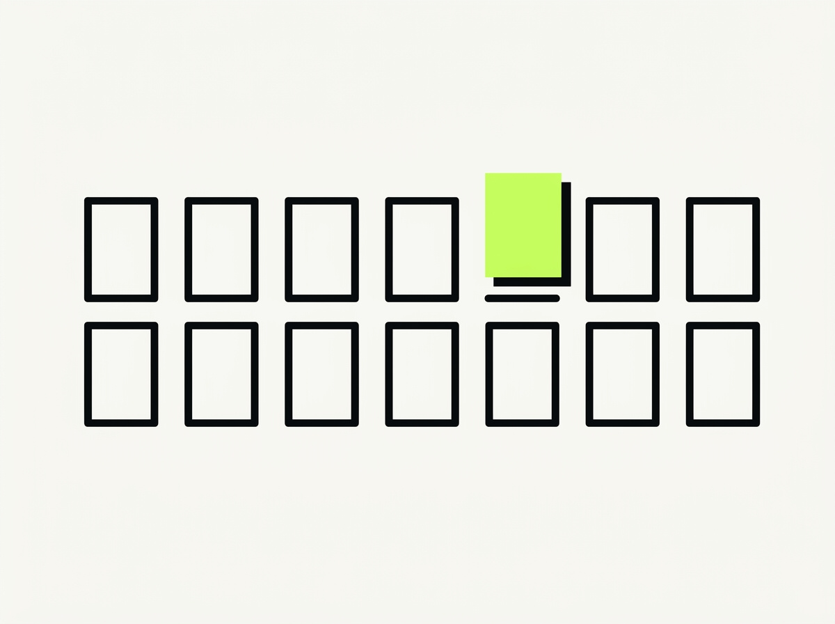 Fourteen frames in outline with exactly one filled and lifted out of the grid.