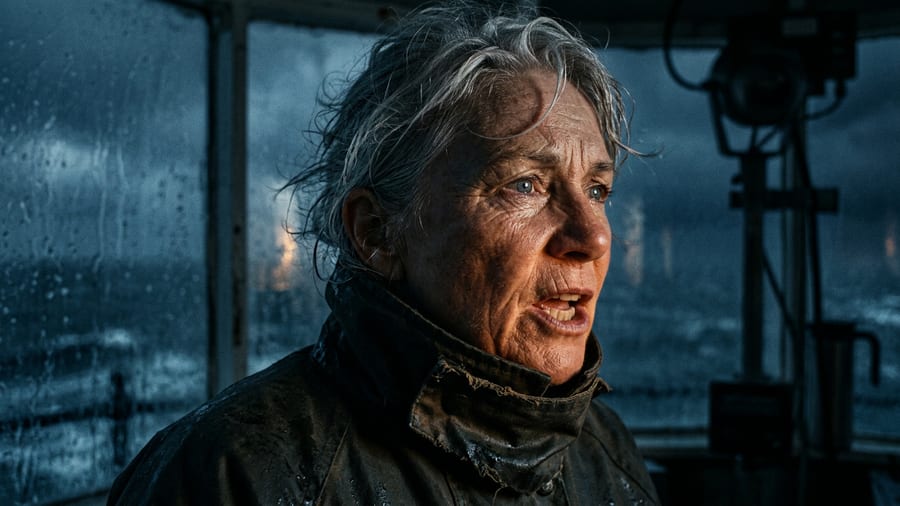 A film still: an older woman with silver hair in a wet canvas coat, mid-sentence, her face lit from below by a lighthouse lamp with rain running down the glass behind her.