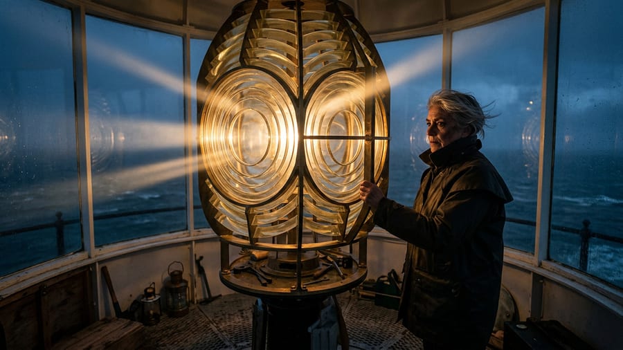 Inside the lamp room: a great brass Fresnel lens turning and throwing blades of light, the keeper in silhouette beside it with one hand on the frame.