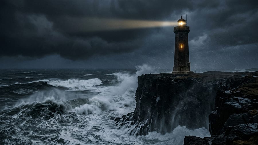 A stone lighthouse on a black cliff in a night storm, one window lit, heavy swells breaking below and the beam cutting across the water.