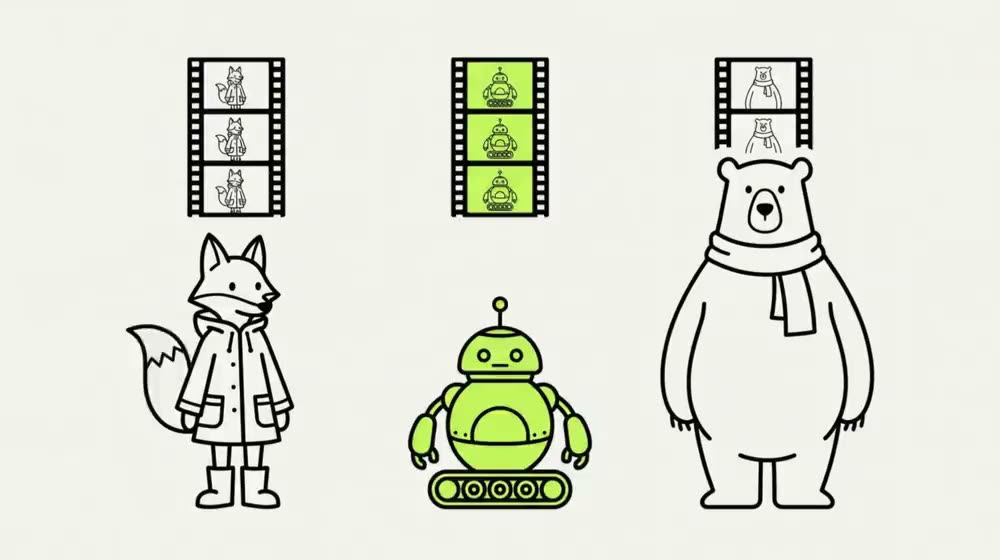 Three characters in outline, each with a strip of film frames above holding that same character again.