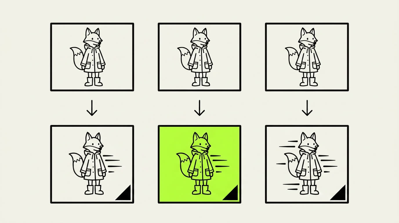 A grid of still frames with arrows leading down to the same frames again, now trailing motion streaks.