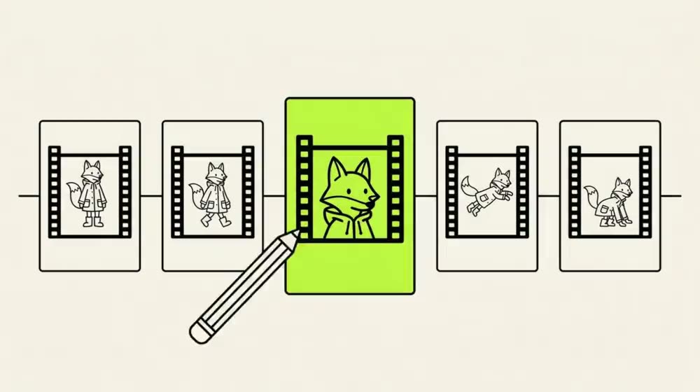 Five storyboard cards on a line, the middle one pulled forward and being redrawn.