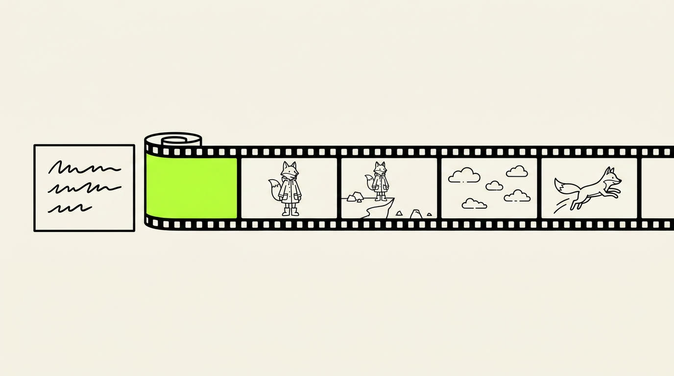 A handwritten line in a box, unrolling into a strip of film frames with scenes inside.