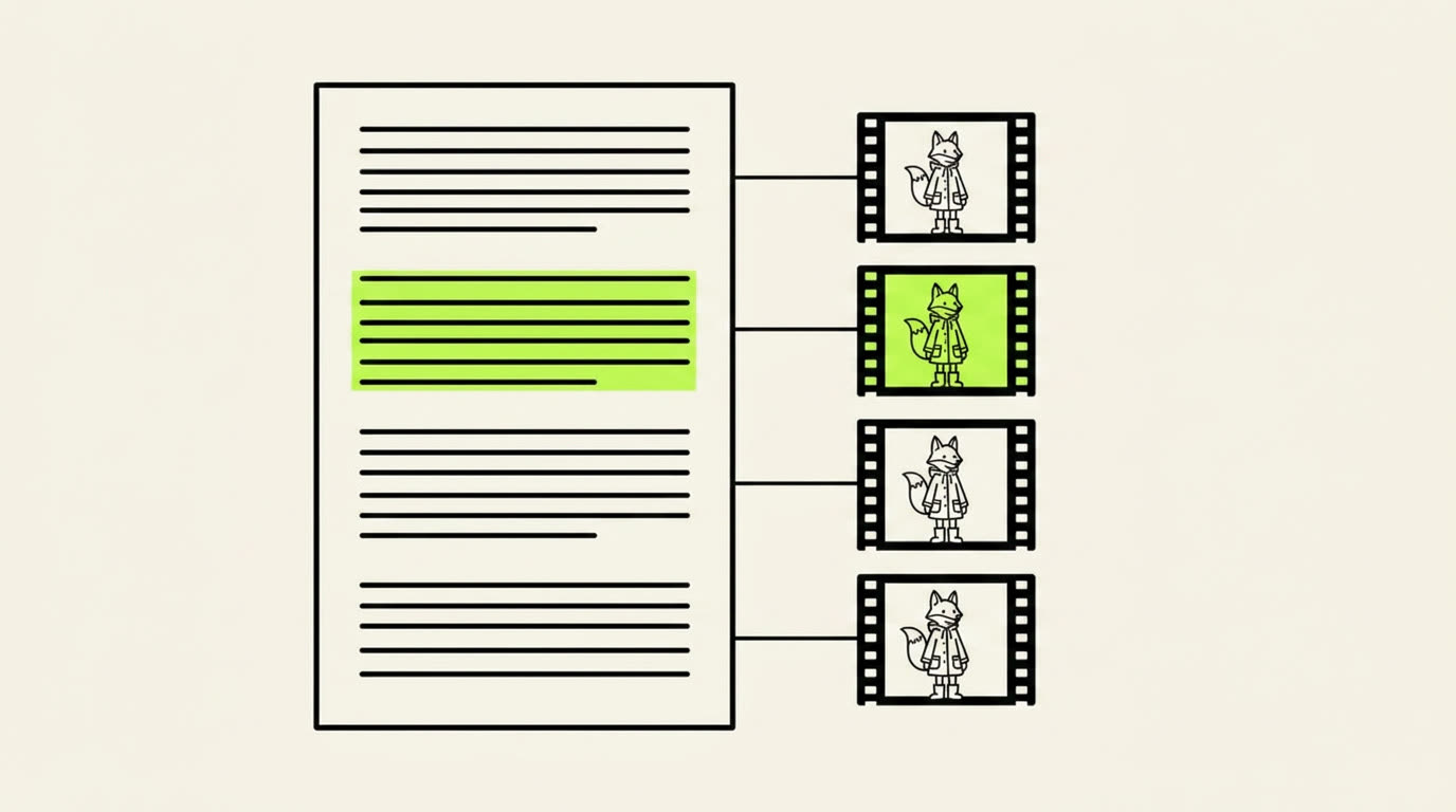 A page of written lines with a thumbnail beside each block, joined by thin lines.