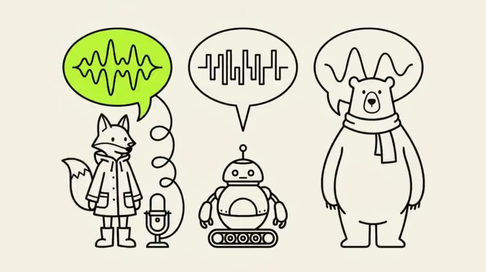 Three characters with speech bubbles holding waveforms, a microphone cabled into the first.