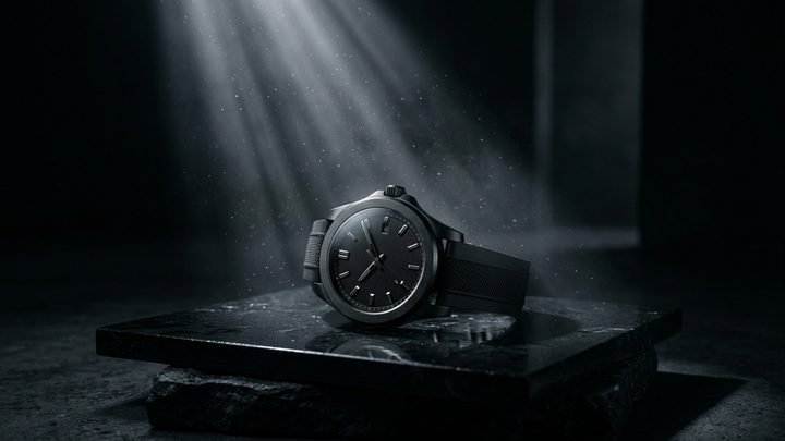A dark watch on a plinth under a hard spotlight.