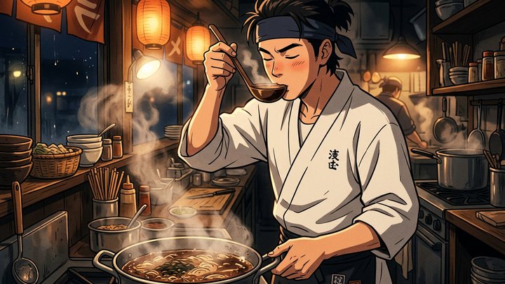 An anime chef cooking under hanging lanterns.