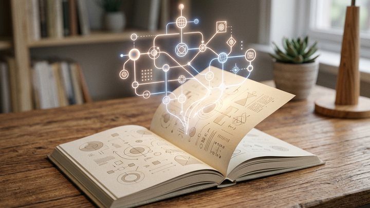 An open book with a glowing diagram rising from its pages.