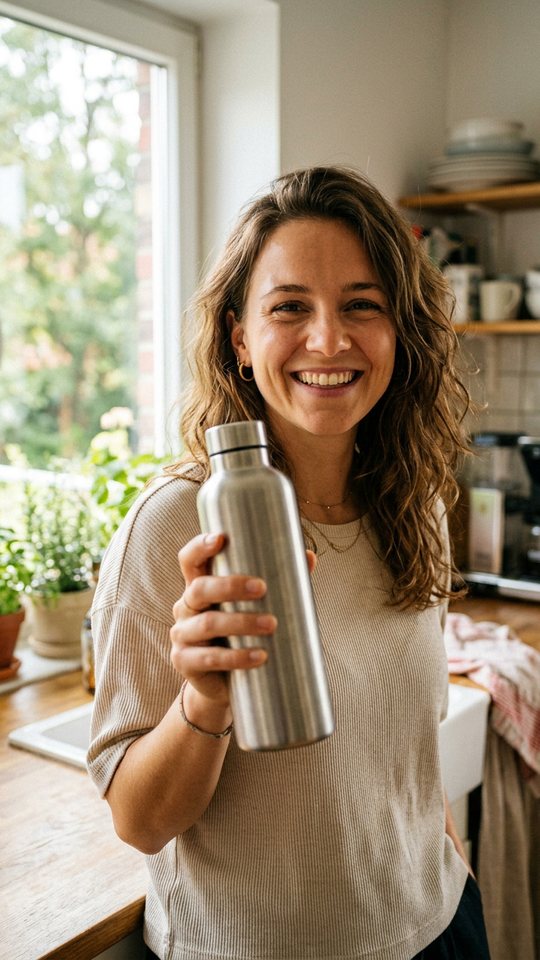 A matte insulated bottle on wet slate in cold morning light.
